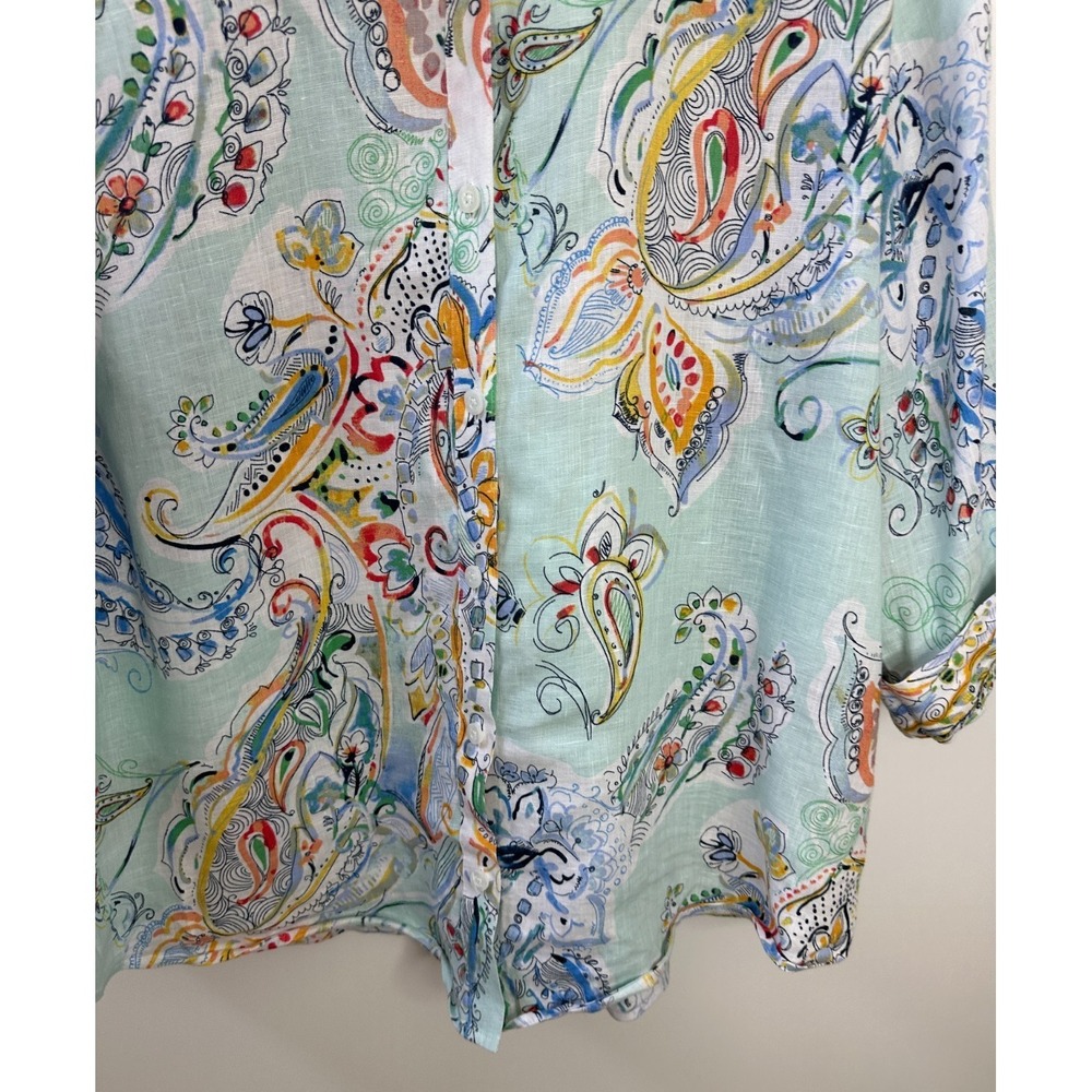Chicos Effortless Linen Whimsy No-Iron Paisley Button Down Shirt Size 2 Large 12 - Picture 6 of 10